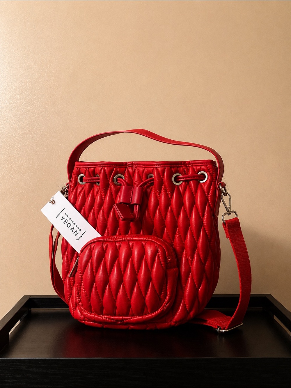 Vegan Leather Quilted Crossbody Bucket Bag